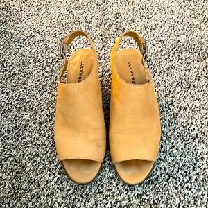 Lucky Brand. Sling back, open toe bootie.